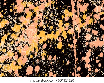 Abstract grunge texture with splashes of pink, white and orange paint on black background, vector  illustration