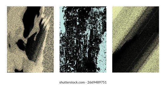 Abstractas tríptico de textura grunge: fondos de arte retro vintage. Arte vectorial abstracto tríptico con Formas de punteado arenoso y granulado y semitono.