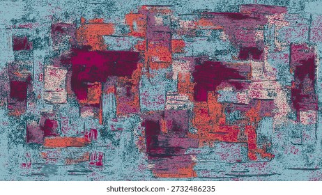 Abstract grunge texture vector background. Multicolored geometric paint strokes composition in teal, purple, and orange colors urban wall art. Modern abstract oil painting style vector. Chaotic geometric shapes with distressed noise effect