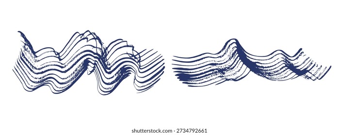 Abstract grunge textured vector wavy dark blue ink paint brush stroke border set. Artistic curve dynamic isolated grunge indigo paintbrush for texture design, sound wave background, striped mascara