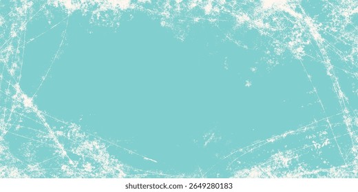 Abstract Grunge Textured Winter Frame in Icy Blue Tones. Vintage ice skating backdrop with scratch marks and torn edges perfect for cards, web, print