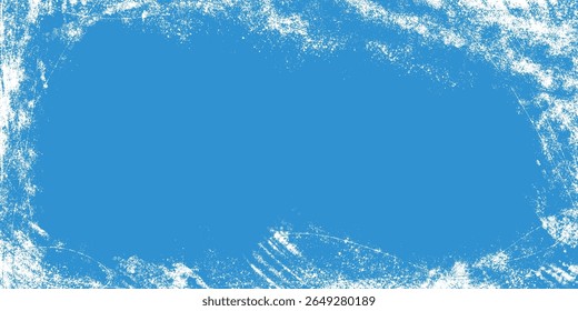 Abstract Grunge Textured Winter Frame in Snowey Blue Tones. Vintage ice skating backdrop with scratch marks and torn edges perfect for cards, web, print, covers