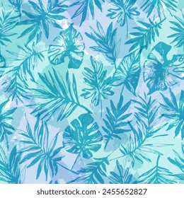 Abstract grunge tropical leaves seamless pattern. Hand drawn abstract monstera, palm, leaf silhouettes on texture shapes background. Vector art illustration for summer design, floral prints, wallpaper