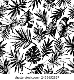 Abstract grunge tropical leaves seamless pattern. Hand drawn abstract monstera, palm, leaf textured silhouettes background. Vector art illustration for summer design, floral prints, wallpaper