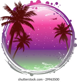 abstract grunge tropical sunset background with calm ocean and stars