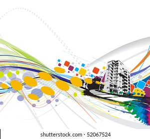 abstract grunge urban city on a rainbow wave line background, vector illustration