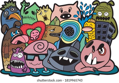 Abstract grunge urban pattern with monster character, super drawing in graffiti style