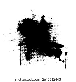 Fundo de vetor grunge abstrato com um borrão de tinta preta, gotejamento e elementos de ponto. Perfeito para temas de design arrojados, alternativos ou subterrâneos.