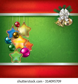 Abstract grunge vector background with Christmas decorations and hand bells