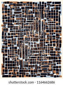Abstract grunge vector background. Color handcrafted composition of irregular overlapping graphic elements.