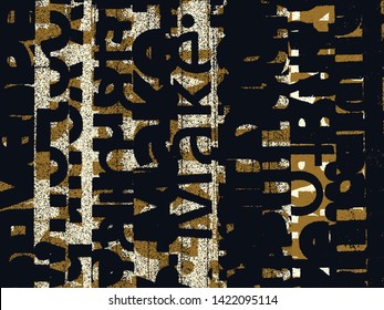 Abstract grunge vector background. Color composition of irregular overlapping typographic elements.