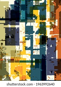 Abstract grunge vector background. Color handcrafted composition of irregular overlapping graphic elements.