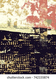 Abstract grunge vector background. Color stylized landscape composition of irregular graphic elements.