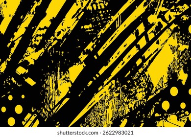 Abstract grunge vector background. Features bold yellow diagonal stripes, splatters, and distressed halftone dots on black. Edgy, energetic texture ideal for modern designs and backdrops.