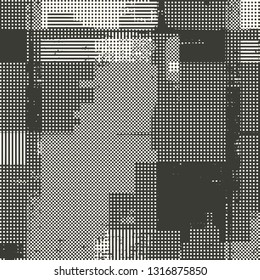 Abstract grunge vector background. Monochrome composition of irregular halftone graphic elements.