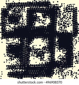 Abstract grunge vector background. Monochrome composition of irregular geometric elements.