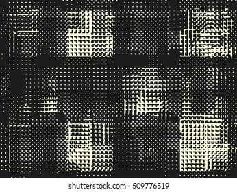Abstract grunge vector background. Monochrome raster composition of irregular overlapping graphic elements.