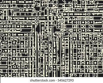 Abstract grunge vector background. Monochrome raster composition of irregular overlapping graphic elements.