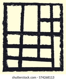 Abstract grunge vector background. Monochrome grid composition of irregular graphic elements.