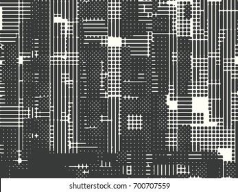 Abstract grunge vector background. Monochrome raster composition of irregular overlapping graphic elements.