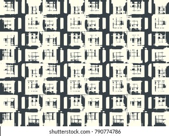 Abstract grunge vector background. Monochrome raster composition of irregular graphic elements.