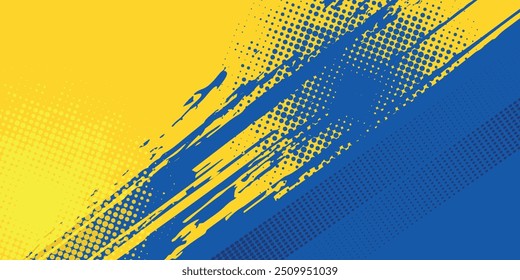 Abstrakter farbiger Vektorhintergrund mit Farbpinsel und Halbtoneffekt, Banner-Designvorlage mit blauem und gelbem Farbverlauf