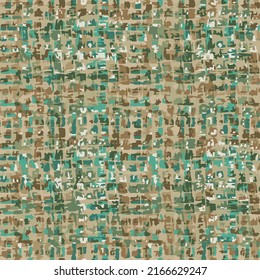 Abstract grunge vector background. Seamless multi geometric shape texture pattern in green and beige colors.
