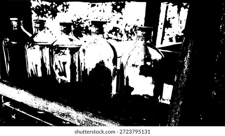 Ilustração vetorial grunge abstrata de garrafas de vidro em uma prateleira de madeira. Textura de garrafas vintage preto e branco de alto contraste, ideal para design rústico, cultura de rua e sobreposições artísticas.