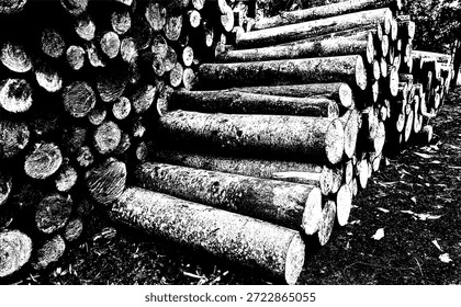 Ilustração vetorial grunge abstrata de toras de madeira empilhadas. Textura de madeira preta e branca de alto contraste, perfeita para design industrial, fundos de carpintaria e sobreposições gráficas artísticas.