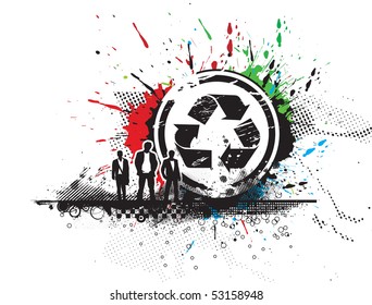 abstract grunge vector recycle icon with standing success businessman silhouetted. vector illustration