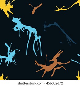 Abstract grunge vector seamless pattern with colorful blots on dark background.