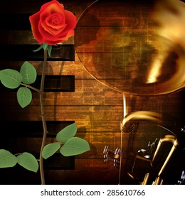 abstract grunge vintage music background with trumpet piano and red rose