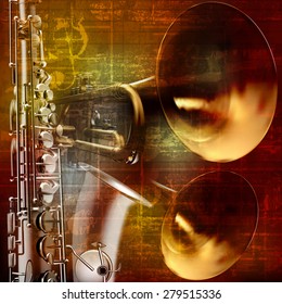 abstract grunge vintage sound background with trumpet and saxophone