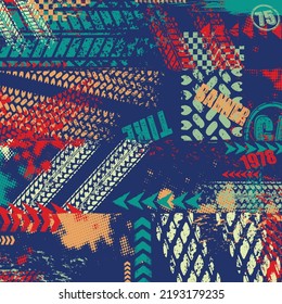 Abstract grunge wallpaper with different tire track marks and sample text. Custom made transportation design elements for defferent sport competitions and invitations