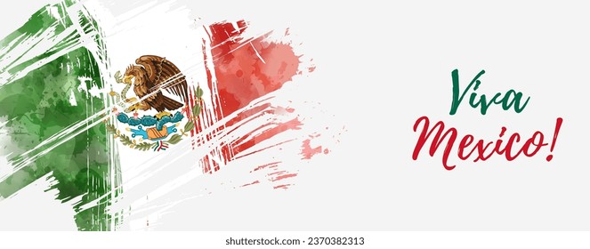 Abstract grunge watercolor painted flag of Mexico. Template for national holiday background. Horizontal banner holiday template