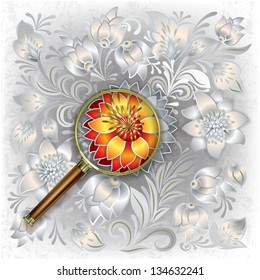 abstract grunge white background with magnifying glass and floral ornament