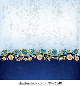 abstract grunge white blue background with floral ornament