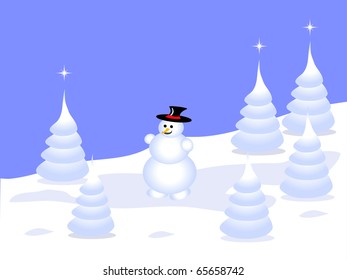 Abstract grunge winter vector background scene with  snowy christmas trees on a hilly landscape.