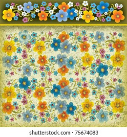 abstract grunge yellow background with flowers on green