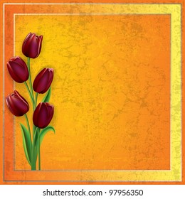 abstract grunge yellow background with red tulips