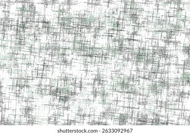 Een abstract, grunge-achtig patroon bedekt het beeld, met talrijke overlappende horizontale en verticale stippellijnen in verschillende tinten zwart en groen op een witte achtergrond.