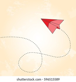 Abstract grungy background with flying red paper plane - vector illustration