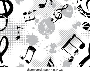 abstract grungy black dotted background with musical notes
