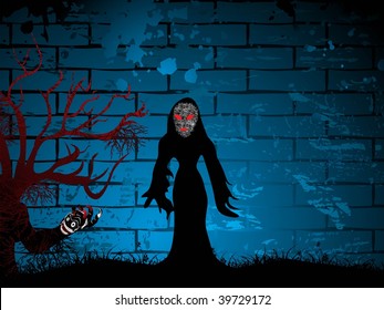 abstract grungy blue wall background with tree branch, witch