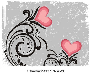 abstract grungy border background with floral, pink heart