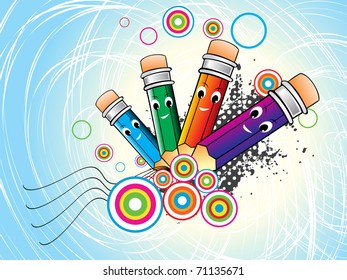 abstract grungy, colorful circle background with comic pencil