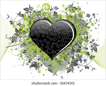 abstract grungy floral pattern heart with green wave illustration