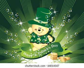 abstract grungy green rays, twinkle star background with leprechaun, gold coins and ribbon