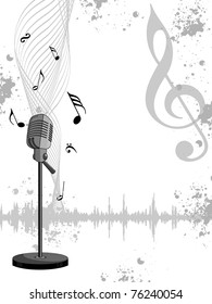 abstract grungy musical notes background with isolated mike, vector illustration