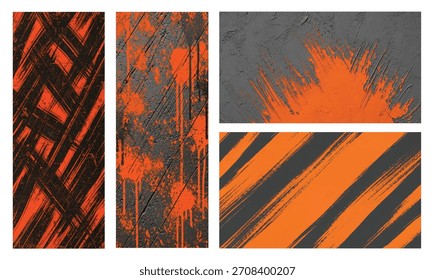 Abstrakte grungy orange und schwarze Texturen mit diagonalen Streifen und Reifenspuren